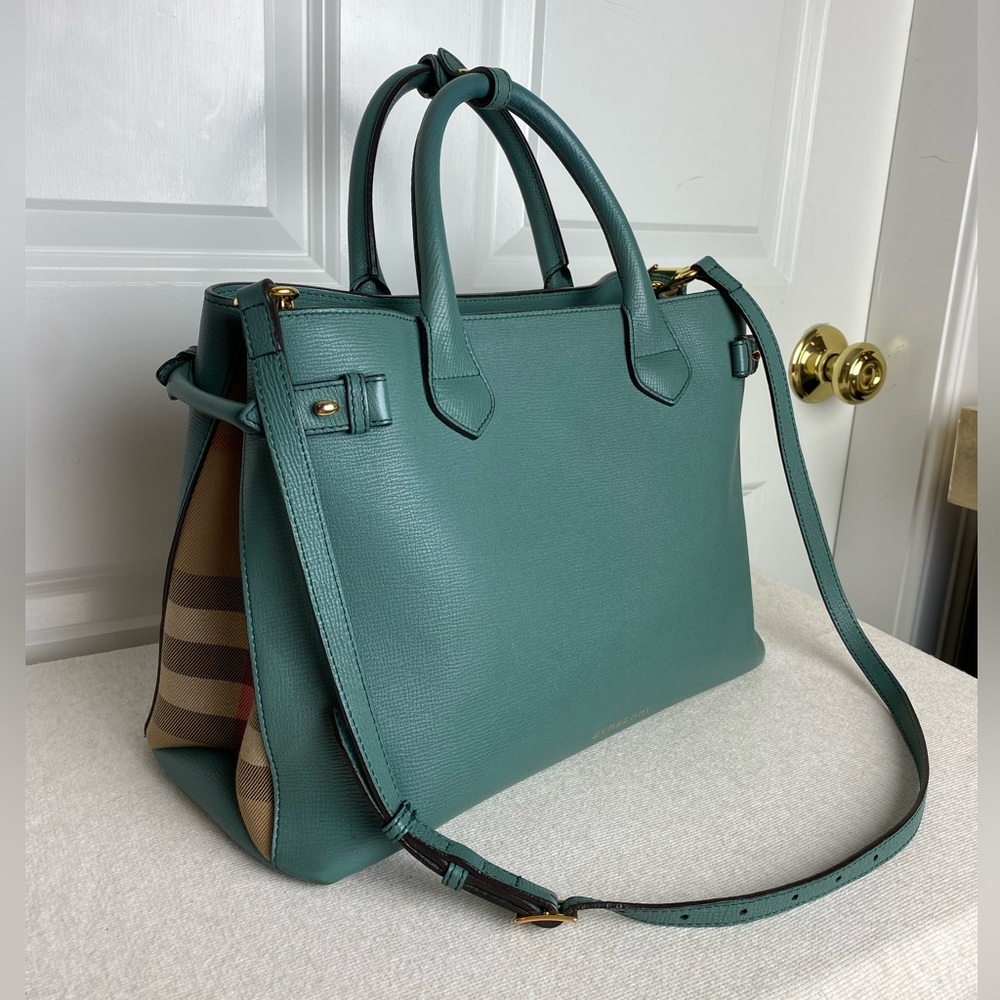 Burberry Teal Leather Satchel with Signature Check Side Panels